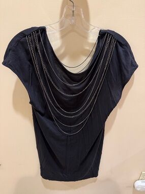 Flounce Black Top with Layered Silver Chain Neckline